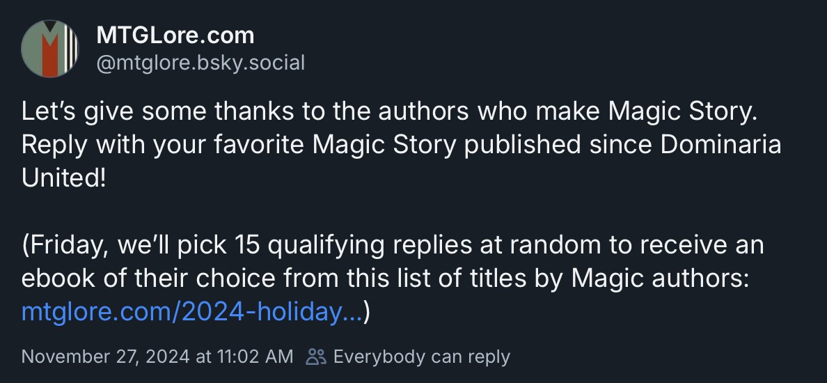 We're participating in a giveaway with MTGLore.com on the other site! Go share your favorite Magic story of the last couple of years on their post and you can win a free ebook from a Magic author!
