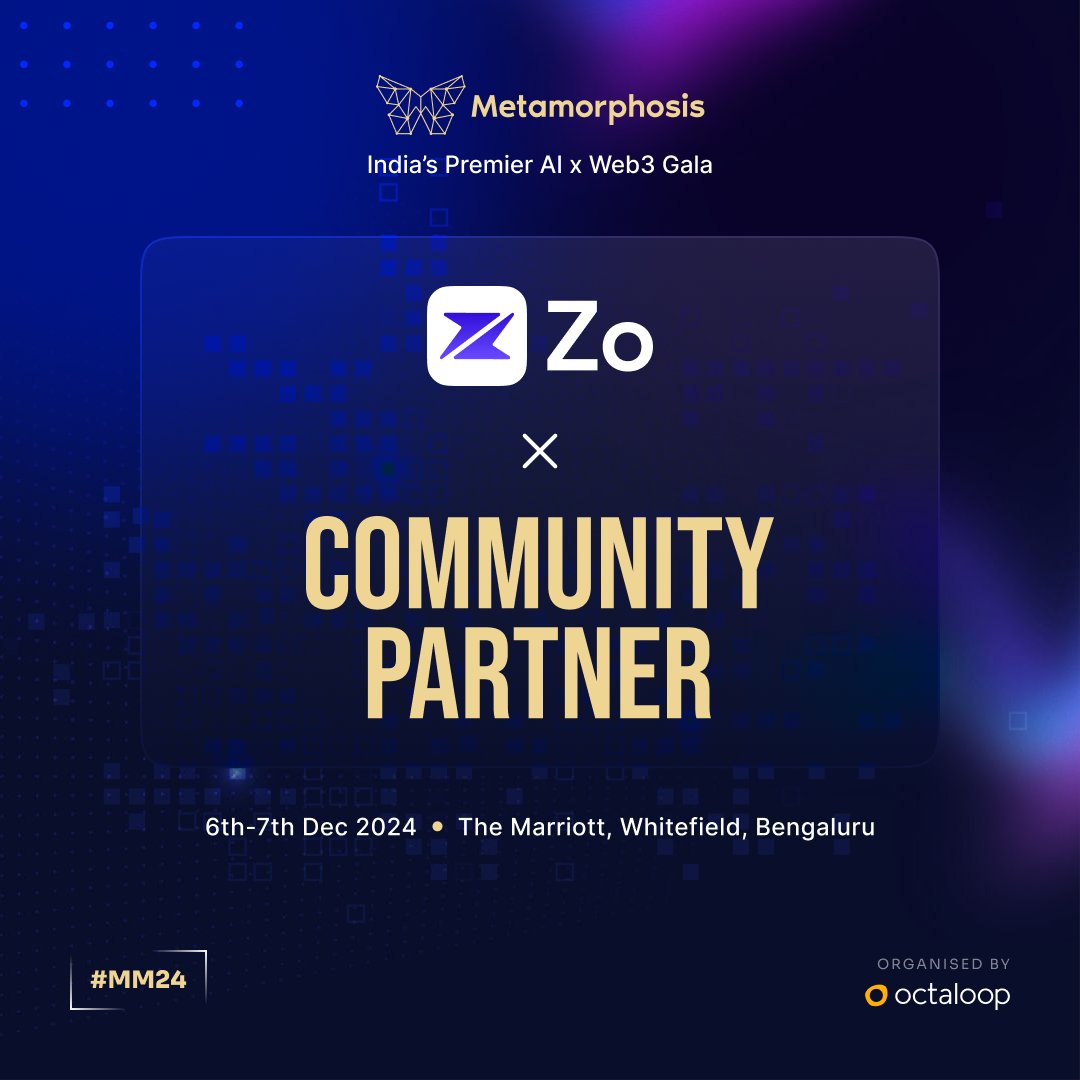 IBTxOfficial's tweet photo. 🌟 Excited to welcome @joinzo as a Community Partner for Metamorphosis 🦋
Exploring the transformative potential of AI in redefining human experiences 🤖
🗓️ 6-7 Dec | 📍 Bangalore #MM24
🎟️ Don’t miss out - secure your tickets now for India’s Premier AI x Web3 Gala 🦋
https://t.co/aJAxQG2PJr