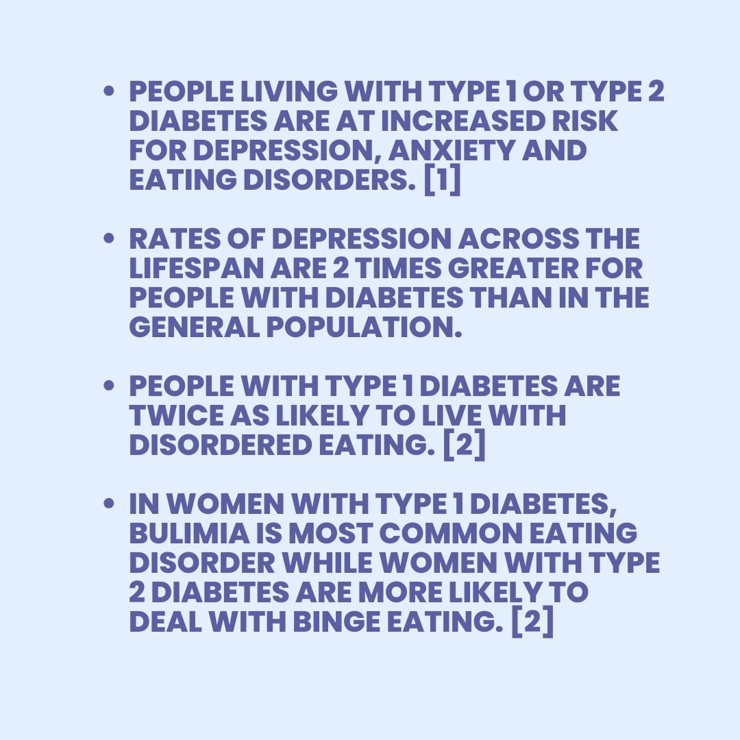 Did you know diabetes can also affect your mental health? 

 It can be difficult to distinguish if symptoms are from fluctuating blood sugars or depression and anxiety.  

Therapy, medication, and stress management are ways to manage your mental health along with diabetes!