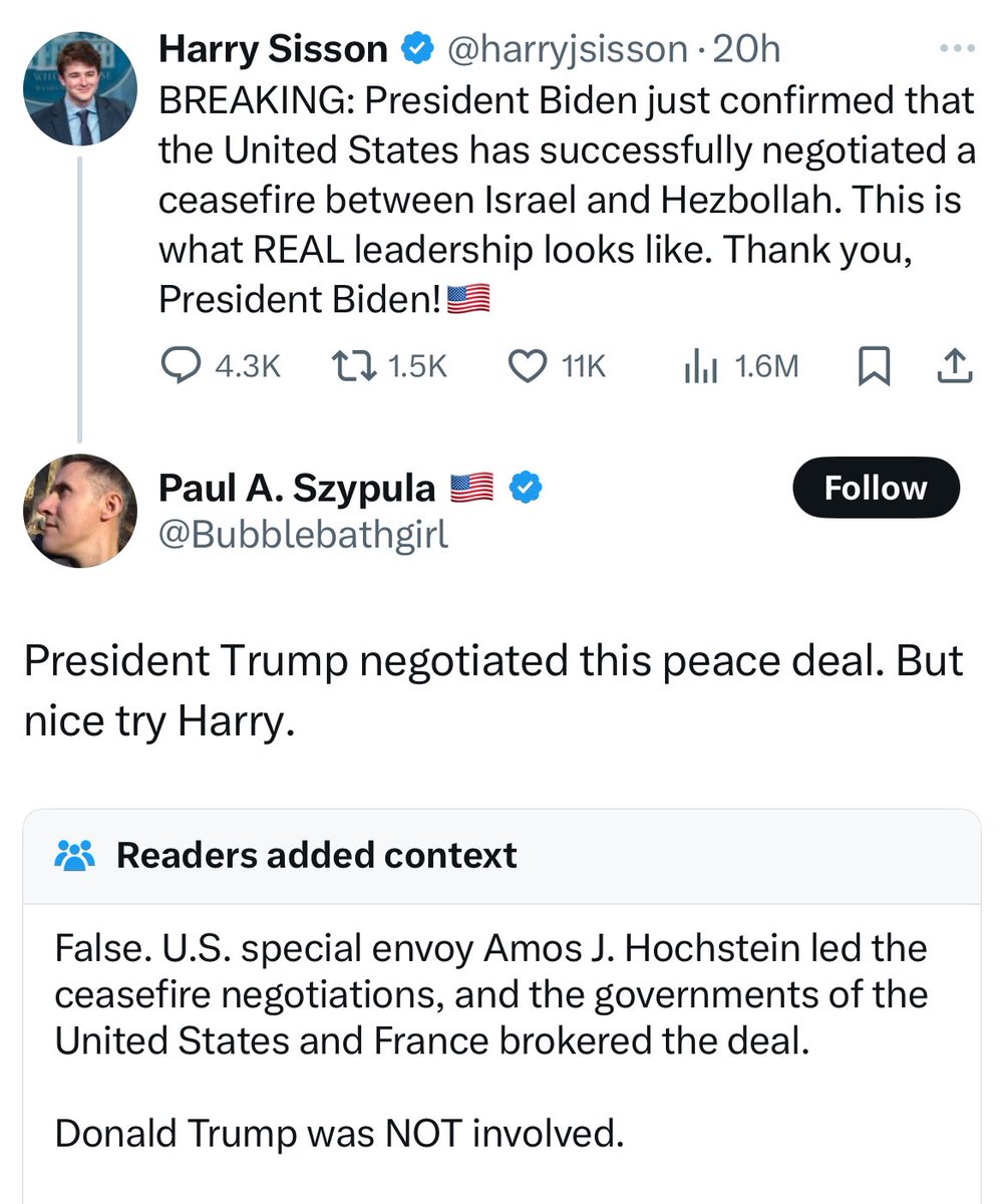 Desperate MAGA gets a Community Note trying to give Donald Trump credit for brokering a peace deal between Israel and Hezbollah.

Pathetic.

Also, Donald Trump still hasn’t ended the  war in Gaza after saying he’d do so within 24 hours after he was elected.