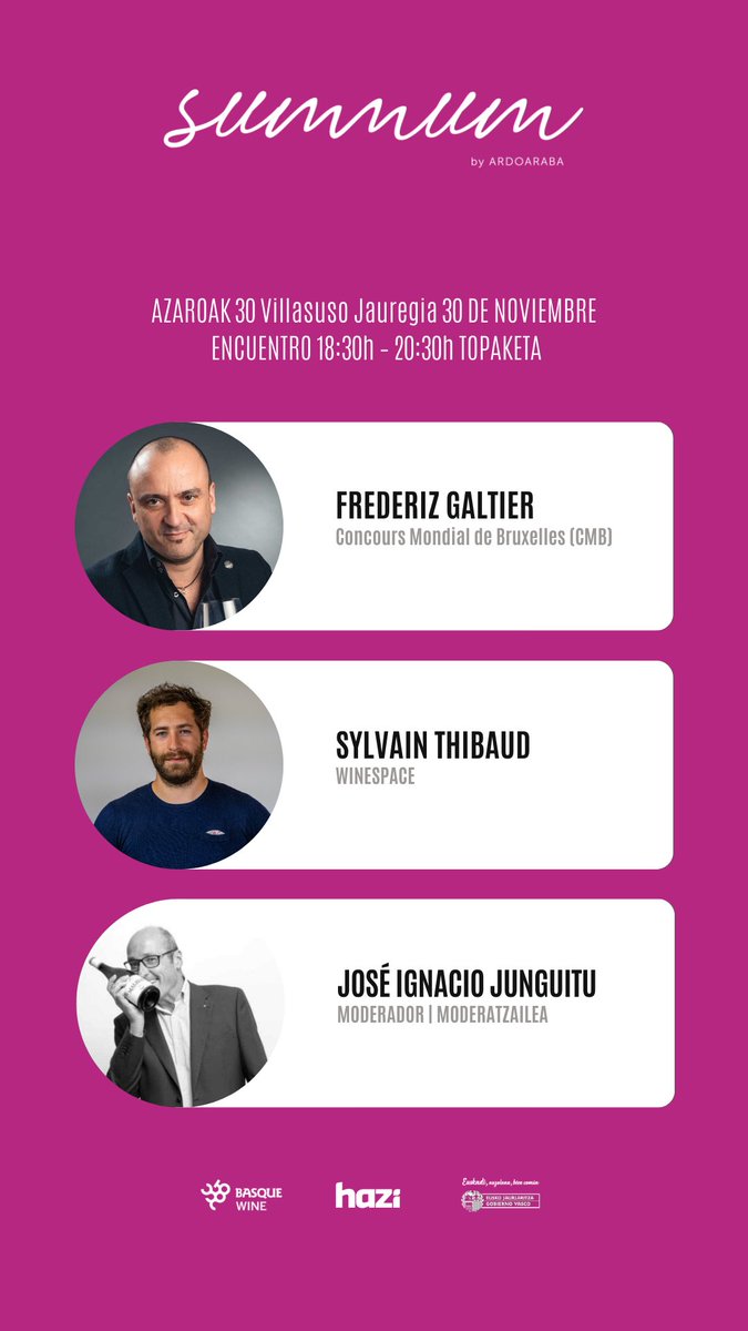 SUMMUM  
AZAROAK 30 NOVIEMBRE con <a href="/jijunguitu/">Jose Ignacio Junguitu</a>,  el marco idóneo para vivir una experiencia exclusiva para l*s  amantes del vino.

Ardo onenetariko batzuen sortzaileek euren sorkuntzaren inguruan elkarrizketa bat izateko aukera ematen digute. 

ardoaraba.com/actividades/