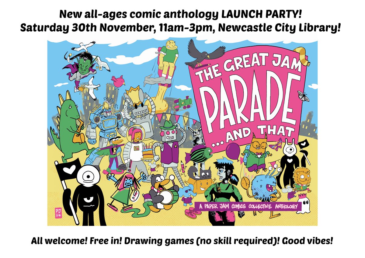 Paper Jam Collective (@paperjamcc) on Twitter photo LAUNCH IS THIS SATURDAY! 30th November, <a href="/ToonLibraries/">Newcastle Libraries</a> City Library, level 3, 11am-3pm
Expect a bunch of daft drawing games and general cheeriness!
All ages! Free (to get in. You can buy the comic if you like but no pressure)! LAUNCH IS THIS SATURDAY! 30th November, <a href="/ToonLibraries/">Newcastle Libraries</a> City Library, level 3, 11am-3pm
Expect a bunch of daft drawing games and general cheeriness!
All ages! Free (to get in. You can buy the comic if you like but no pressure)!