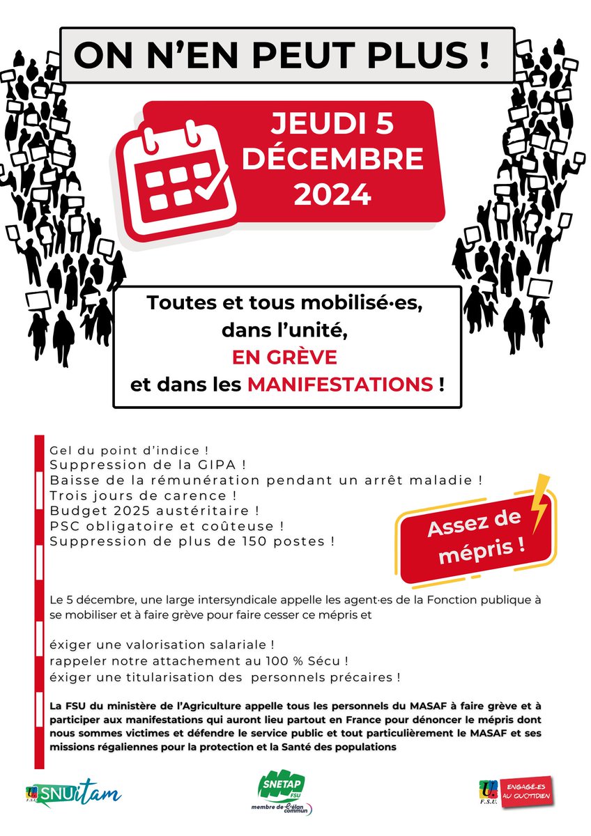 🤦🤦On n'en peut plus ! #5décembre tous et toutes  en grève et manifestation ! 🙋‍♀️🙋‍♀️Stop au #mépris 
Le communiqué <a href="/snetapfsu/">SNETAP-FSU</a> <a href="/SnuitamF/">Snuitam-FSU</a>  <a href="/FsuNationale/">FSU</a> <a href="/Agri_Gouv/">Ministère Agriculture et Souveraineté alimentaire</a>