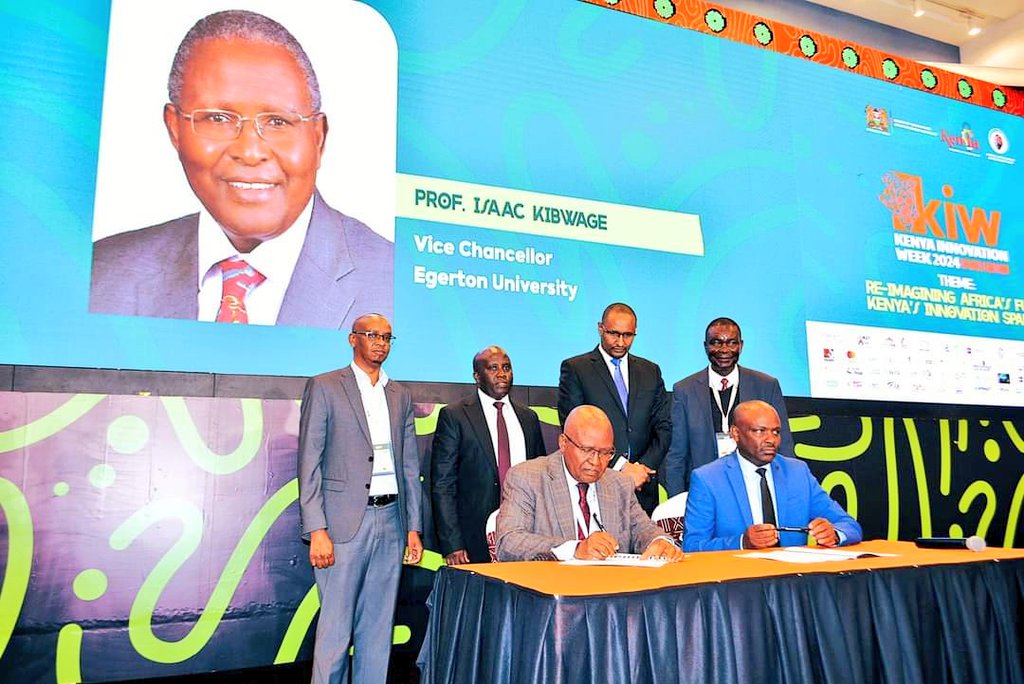 egertonunikenya's tweet photo. Vice Chancellor Prof. Isaac Kibwage  signed the Innovation, Entrepreneurship and Commercialization masterplan with the Kenya National Innovation Agency and the award of the Entrepreneurial Leaders Training Program (ELTP) during the Kenya Innovation Week 2024-Africa Edition. https://t.co/P13sI5cQgB