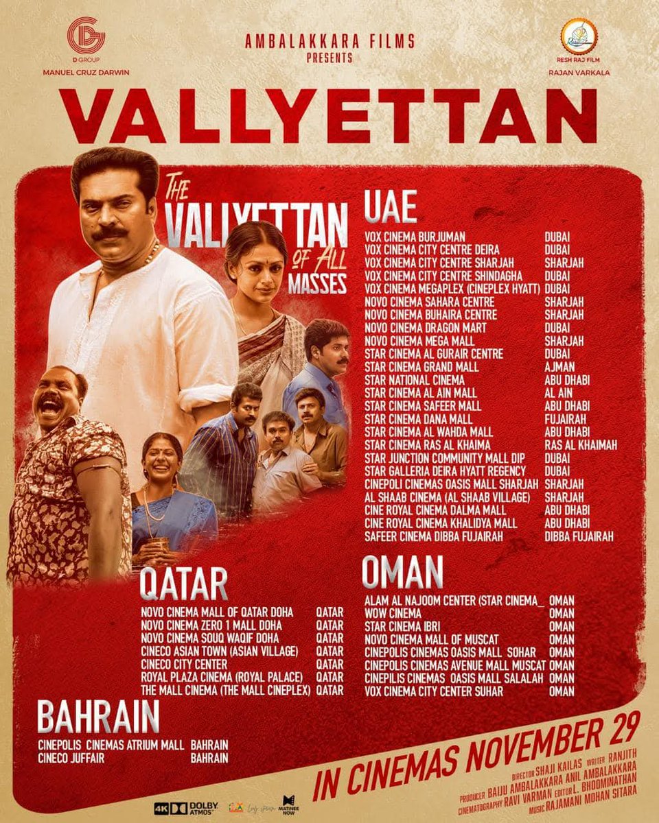 MammoottyFC369's tweet photo. #Vallyettan4K GCC Theatre list is out 🙌 

#Mammootty @mammukka https://t.co/EycXqhuqIX