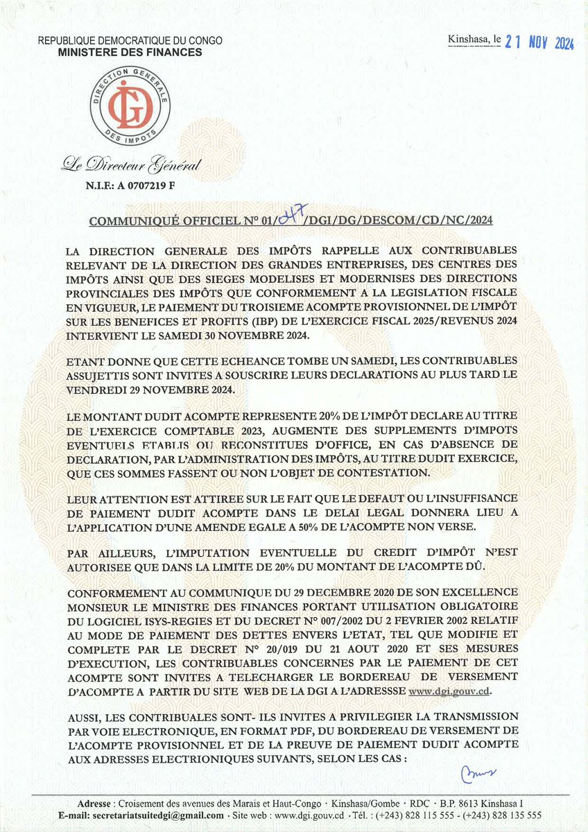 FutaMpako's tweet photo. La #DGI rappelle que le 3ᵉ acompte provisionnel de l'IBP (exercice 2025/revenus 2024) est à payer avant le  29 novembre 2024 , car l’échéance du 30 novembre tombe un samedi.  
Montant : 20% de l’impôt déclaré au titre de  l’exercice comptable 2023. https://t.co/N1UdN3XkZq