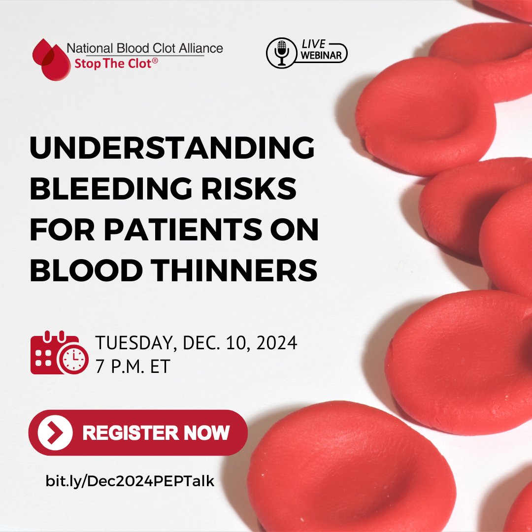 StopTheClot's tweet image. Bleeding events on #bloodthinners aren’t just about "major bleeds." Join us to explore all types of bleeds, when to seek medical help, and balancing safety w/ quality of life. Reserve your spot: ow.ly/IKCT50UgRc3 

#stoptheclot #peptalk #bloodclots #anticoagulants #bleeding