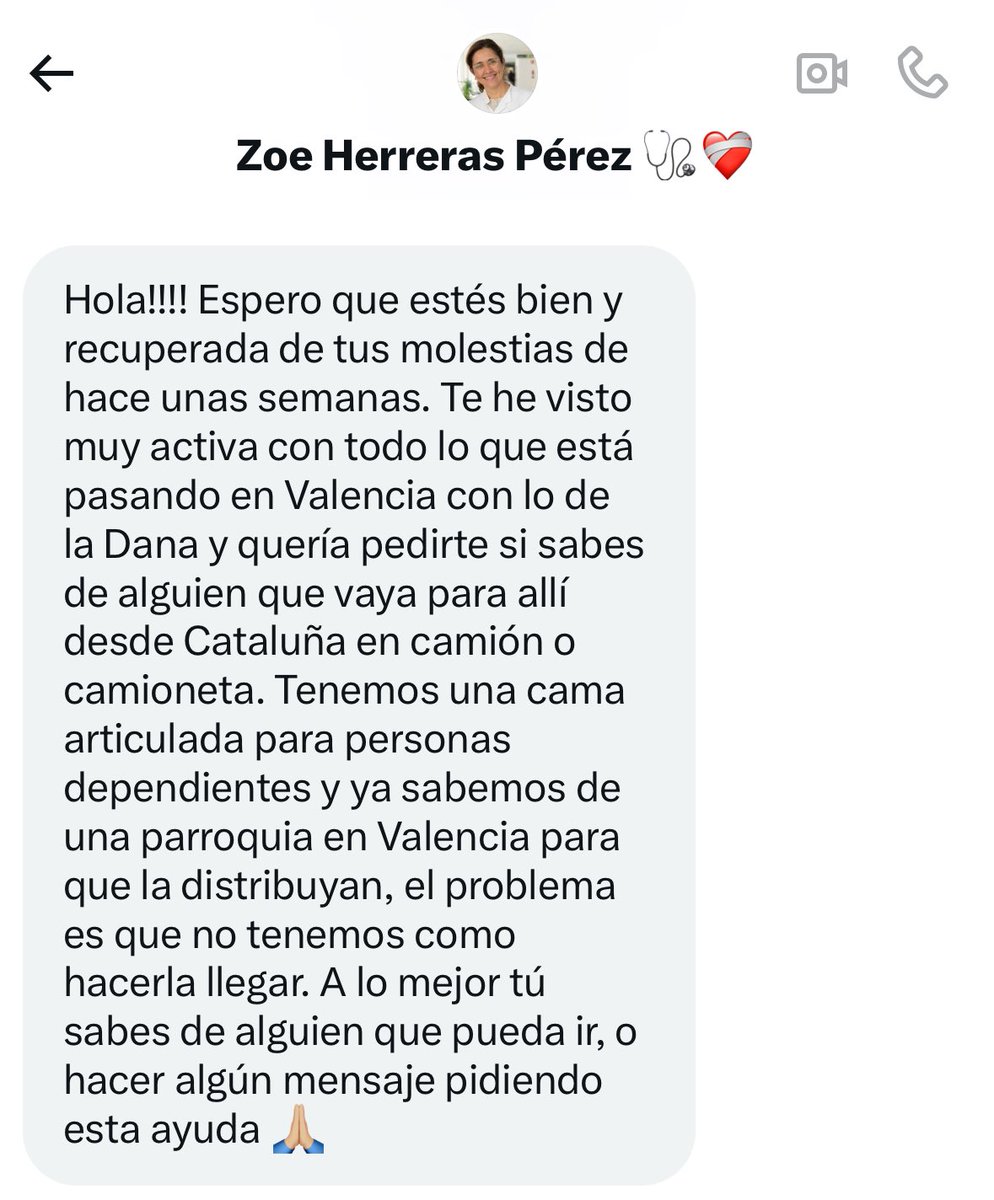 Por favor, si alguien puede transportar una cama articulada para personas dependientes para afectados por la DANA, que contacte con <a href="/ZoeHerreras/">Zoe Herreras Pérez 🩺❤️‍🩹</a>.
Sería desde Barcelona a una parroquia de Valencia para luego llevarla a quien la pueda necesitar.
Gracias por ayudar a difundir. 🩷