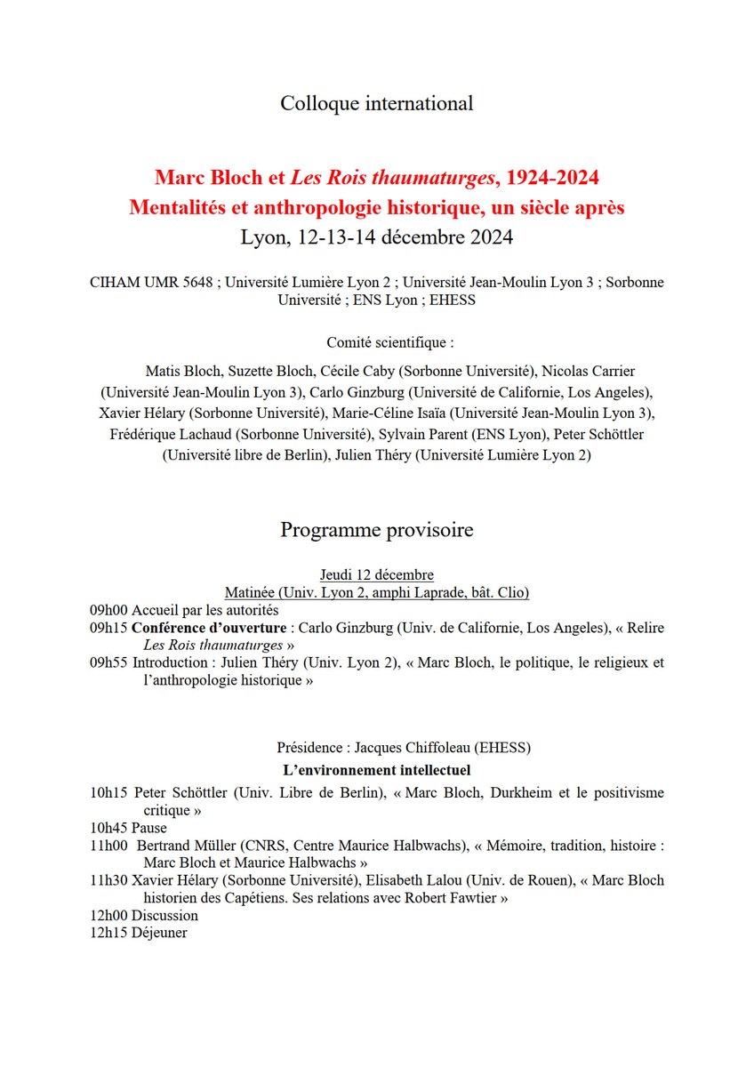shmesp's tweet image. Colloque international : Marc Bloch et Les Rois thaumaturges, 1924-2024. Mentalités et anthropologie historique, un siècle après
Lyon, 12-13-14 décembre 2024
CIHAM UMR 5648 ; Université Lumière Lyon 2 ; Université Jean-Moulin Lyon 3 ; Sorbonne Université ; ENS Lyon ; EHESS