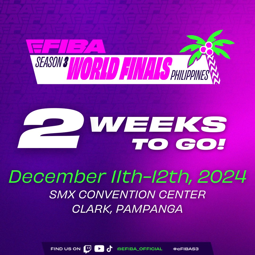 🚨 2 WEEKS TO GO! 🚨

Get ready for the ultimate showdown at the eFIBA Season 3 World Finals happening in the Philippines! 🌴🎮
📅 December 11th-12th, 2024
📍 SMX Convention Center, Clark, Pampanga

The world's best eFIBA teams will battle it out for glory. Don’t miss the