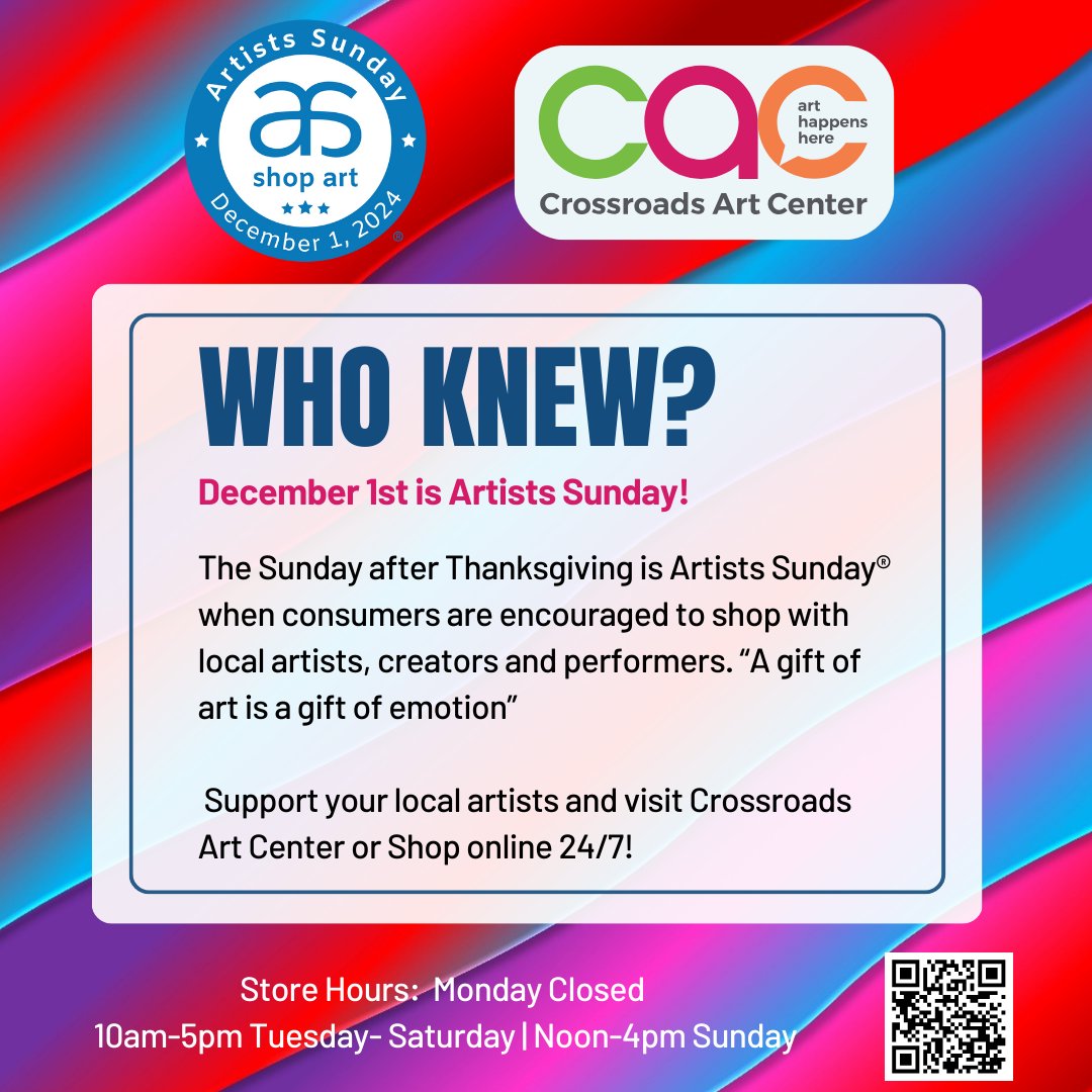 art_crossroads's tweet photo. December First is Artist Sunday! The Sunday after Thanksgiving is Artists Sunday® when consumers are encouraged to shop with local artists, creators and performers. “A gift of art is a gift of emotion” 
Support your local artists and visit Crossroads Art Center! https://t.co/m4QTt5ZTHu
