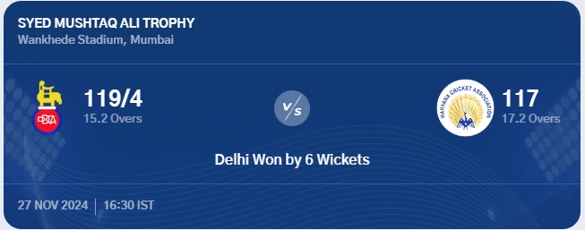 🏏 Delhi shines in the #SyedMushtaqAliTrophy2024! 🌟
A commanding 8-wicket victory over Haryana! 💪
Mayank Rawat (3/5) &amp; Simarjeet Singh (3/16) starred with the ball, bundling Haryana out for 117. Priyansh Arya's fiery 48 (33 balls) led the chase in just 15.2 overs! 🔥