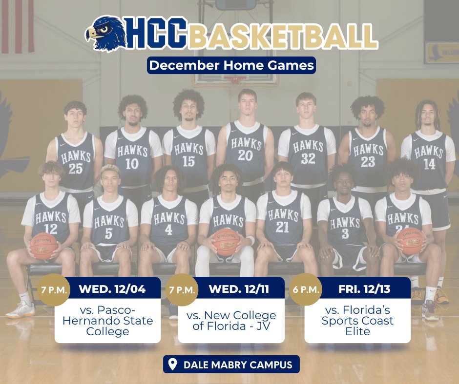 Come show your support for our <a href="/HCCFL_MBB/">HCC Men's Basketball</a> team during their December home games!! To view their full schedule, visit the HCC Athletics website. heyor.ca/wM8f2L

Go Hawks! 🏀 #HCCFL