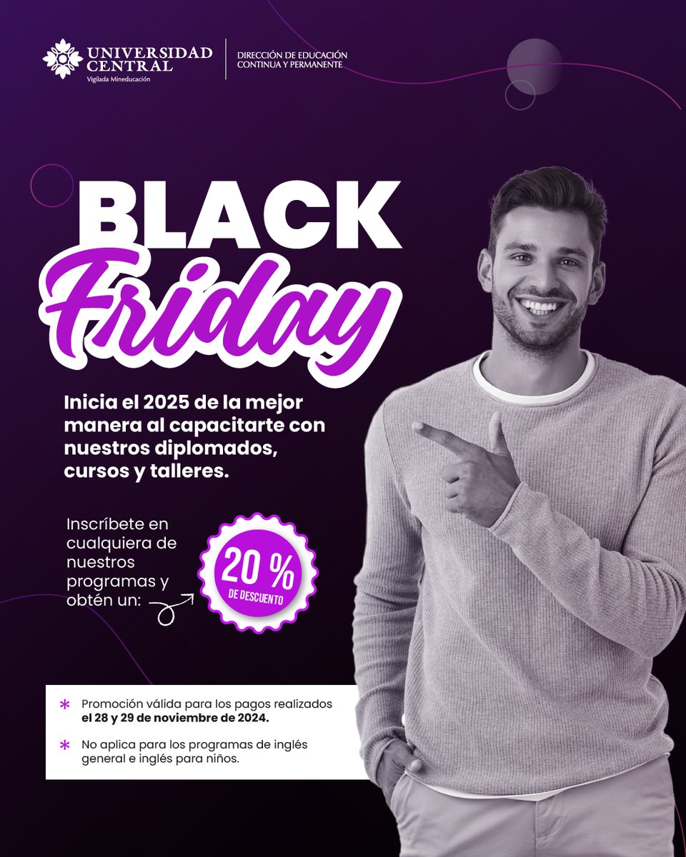 DECUCentral's tweet photo. 🎓 ¡Aprovecha el Black Friday! 🖤
Invierte en cursos, talleres y diplomados al 20% de descuento.

💻 Aprende nuevas habilidades.
📚 Amplía tus conocimientos
👩‍💼 Impulsa tu carrera

📆 Oferta válida solo por el 28 y 29 de noviembre.

Más info: https://t.co/0B3DDjiTEk

#BlackFriday https://t.co/8gMH5z5ShB