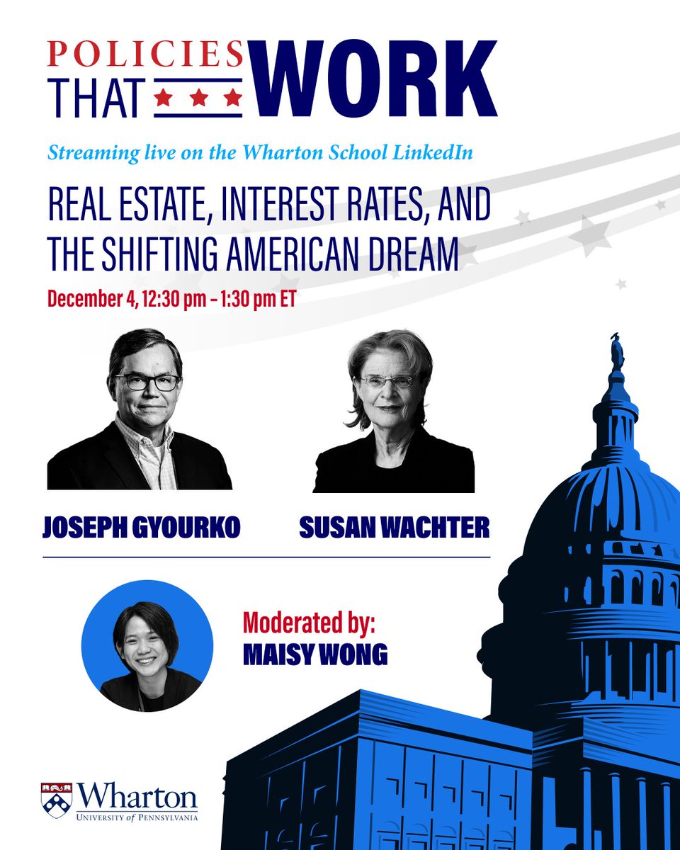 How are changing policies and market conditions reshaping the dream of American homeownership?

Join us on Dec. 4 as our fall "Policies That Work" series concludes with Real Estate Profs. Joseph Gyourko, <a href="/Susan_Wachter/">Susan Wachter</a>, and Maisy Wong: whr.tn/3OkWw9W
