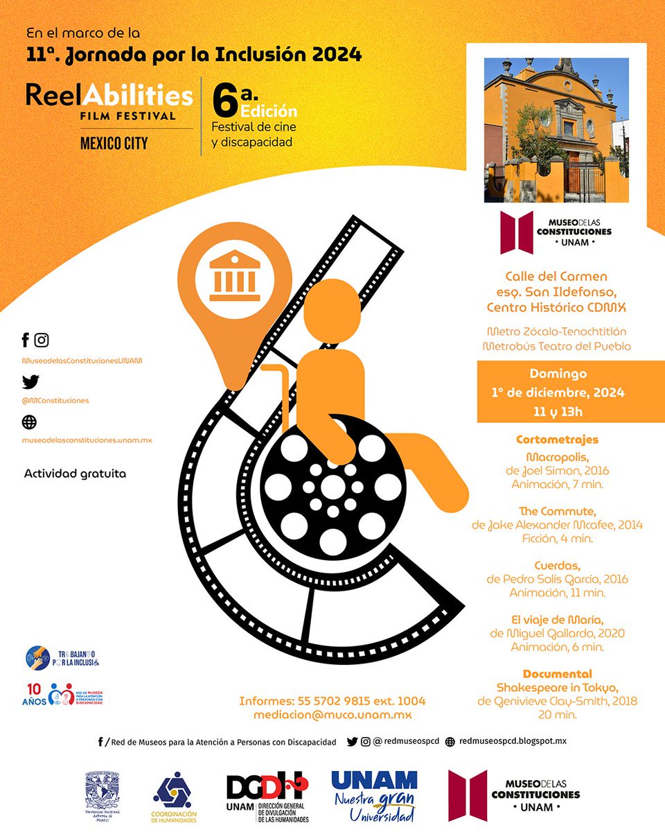 La programación del festival <a href="/ReelAbilitiesMX/">ReelAbilitiesmx</a>  continúa el domingo 1 de diciembre a las 11 y 13 horas en el <a href="/MConstituciones/">Museo de las Constituciones, UNAM</a>, actividad gratuita para todo público.
#11jornadaporlainclusión