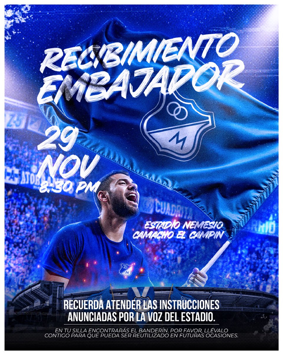 millos_colombia's tweet photo. Atencion: Oriental y Occidental
Este viernes daremos un recibimiento espectacular y necesitamos colaboración.

Compartir la imagen.
Seguir la voz del estadio.
Levantar el banderín al salir el equipo.
Cuiden los banderines como recuerdo para sus casas  #MillonariosEsSuHinchada https://t.co/GAIBDOqFdQ