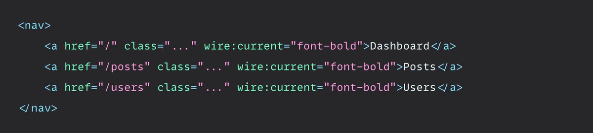 Wrote and shipped this Livewire feature in like an hour this morning (probably broken af),  but check it:

wire:current ✨✨✨

Super clean way to detect if the current page matches a link and slap some Tailwind on there

(works with wire:navigate and persisted layouts obv)