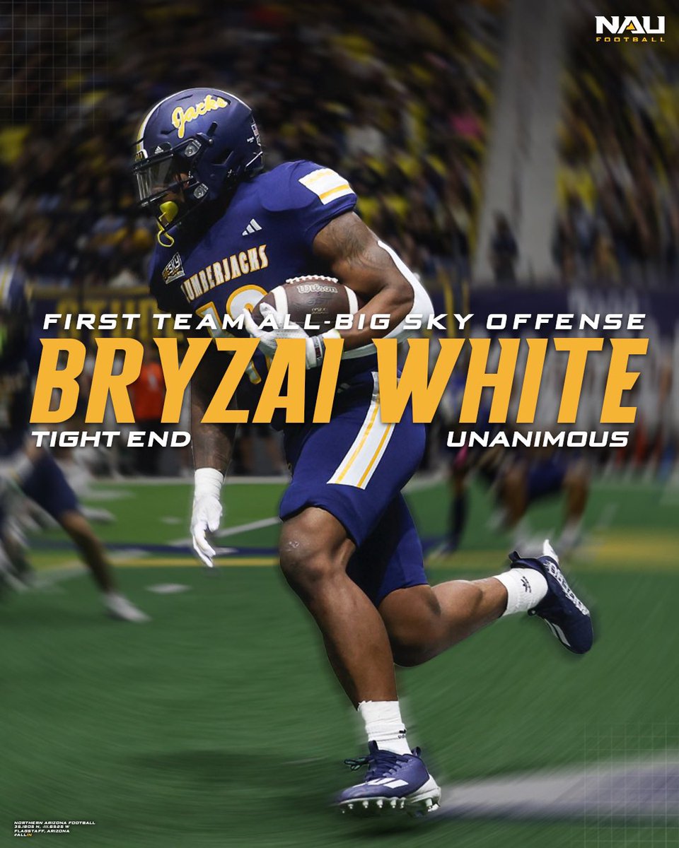 NAU_Football's tweet photo. Unanimous.

@bryzaiwhite is our first First Team All-Big Sky Offense selection since 2019, becoming the first TE since 2013 to earn first team honors 🪓

#RaiseTheFlag | #ALLIN | #BigSkyFB https://t.co/EepuNiHWTr