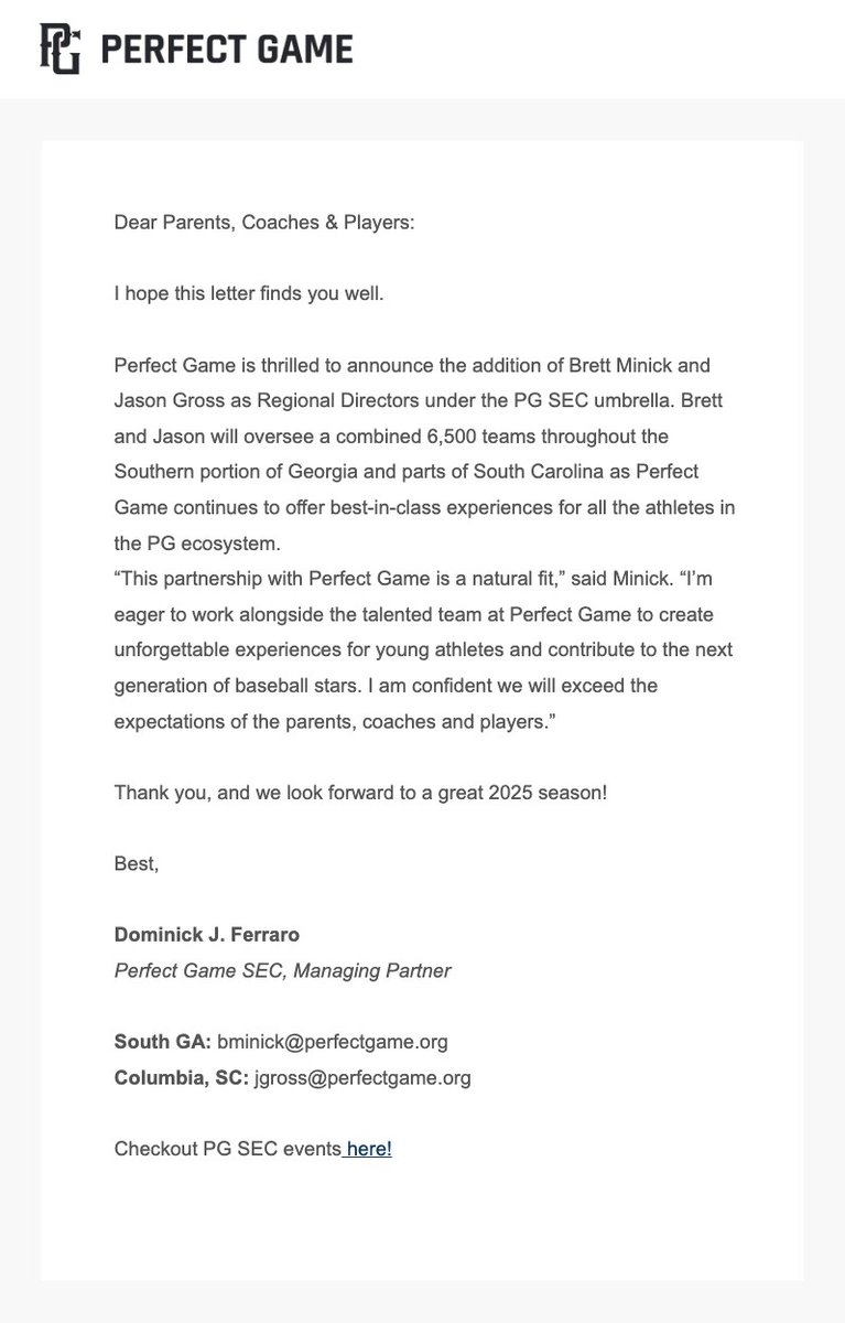 Perfect Game is thrilled to announce the addition of Brett Minick and Jason Gross as Regional Directors under the PG SEC umbrella. 

We look forward to a great 2025 season!

PG SEC Schedule Below:
perfectgame.org/Schedule/Featu…