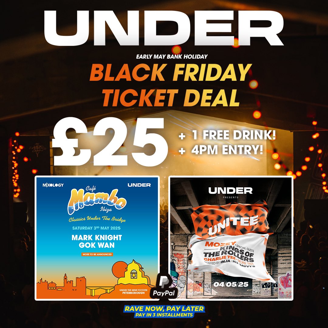 🚨 Huge Black Friday Deal! 🎫 Fancy £25 Tickets for Mambo or Unitee on Early May Bank Holiday 2025! A Free Drink 🍸 + Later Entry Time ⏰!? 

Don’t miss out, only available till Monday 10am! Go to under.events to grab your ticket! 🎟️