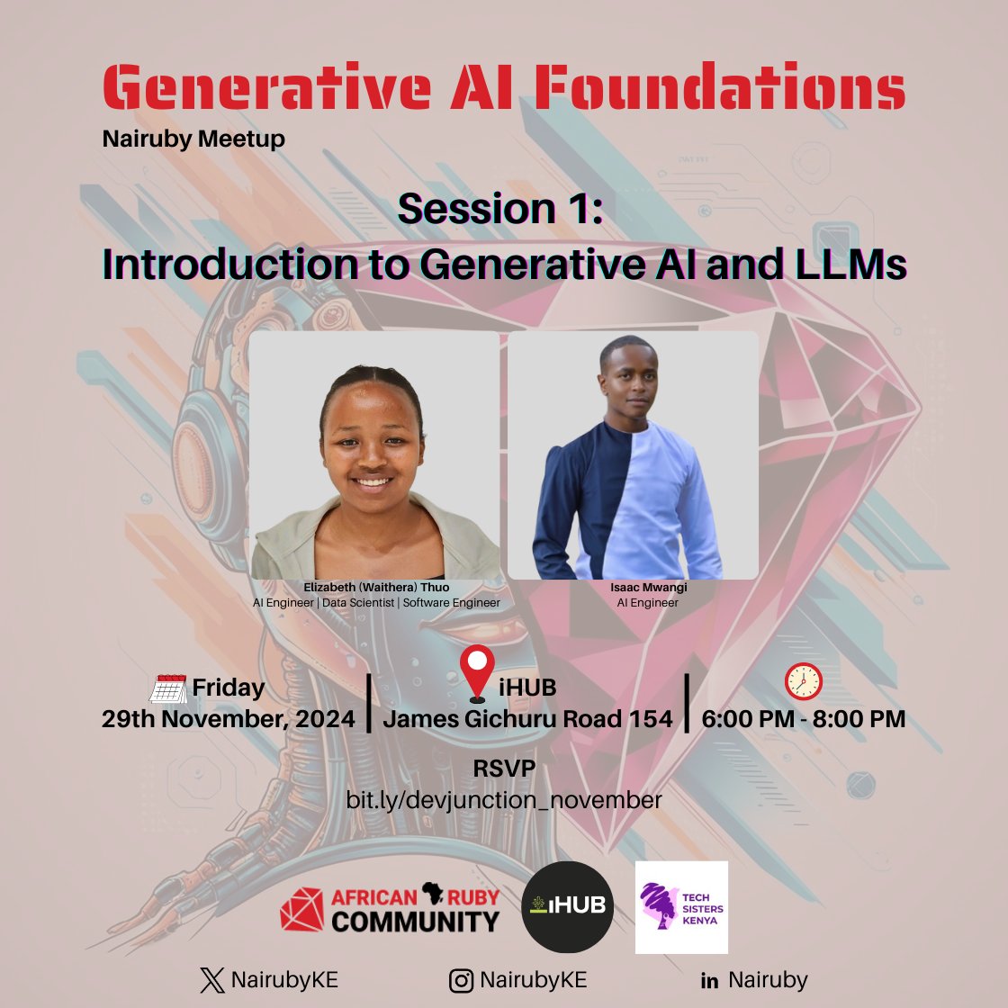 African Ruby Community (@ruby_african) on Twitter photo Happening this Friday is our first session: Generative AI Foundations with Elizabeth and Isaac.
Please carry your laptops because this is a hands-on session.
Let's meet on 29th November at iHub, James Gichuru Rd 154 at 6 - 8 p.m.
RSVP here: lu.ma/oancwshn
<a href="/TechSistersKE/">TechSistersKenya</a> Happening this Friday is our first session: Generative AI Foundations with Elizabeth and Isaac.
Please carry your laptops because this is a hands-on session.
Let's meet on 29th November at iHub, James Gichuru Rd 154 at 6 - 8 p.m.
RSVP here: lu.ma/oancwshn
<a href="/TechSistersKE/">TechSistersKenya</a>