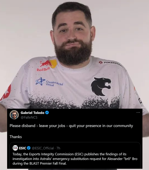 Ozzny_CS2's tweet photo. "Please disband - leave your jobs - quit your presence in our community"

FalleN is done with ESIC 😭 https://t.co/eNdpvJX131
