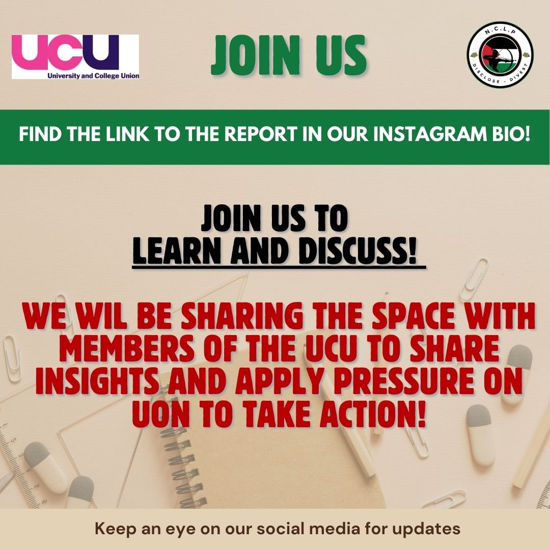 NottsPalCamp's tweet photo. 🇵🇸 Research Report Q&amp;A and Discussion 🇵🇸

👉 Friday 29th of November 
👉 2.30pm - 4pm
👉 Uni Park Campus, Pharmacy Building 

Join NCLP and UCU members to discuss the research report! 

If you haven’t read it yet 👇
🔗 https://t.co/lSkdp4Qs4n

#FREEPALESTINE #BDS #UoN https://t.co/WT4uuO3ENw