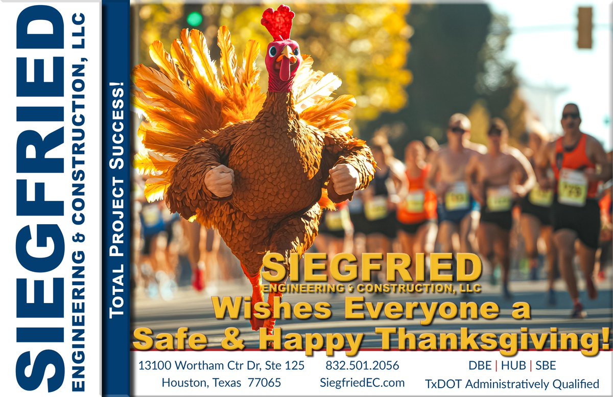 Siegfried_EC's tweet photo. #SiegfriedEngineering &amp; Construction wishes everyone a Safe &amp; Happy Thanksgiving filled with family, fellowship, food, football, and fun. Oh, and some really good running shoes might come in handy, too.
#HappyThanksgiving

(832) 501-2056  | Info@SiegfriedEC.com https://t.co/jIbPMBZZkX