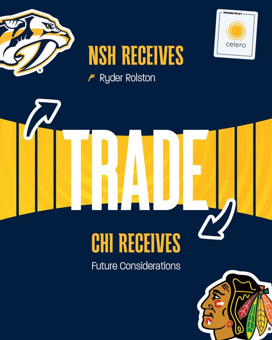 Trade graphic, Preds receive forward Ryder Rolston from Chicago in exchange for future considerations