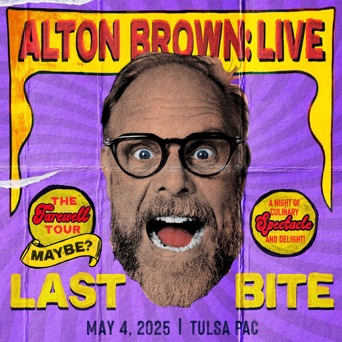 PRESALE ALERT! 🚨 Renowned TV personality, author, and culinary expert Alton Brown is bringing his “Last Bite” tour to the Tulsa Performing Arts Center on May 4, 2025!

Secure your tickets today before they become available to the general public! 🎟️ am.ticketmaster.com/tulsapac/promo…