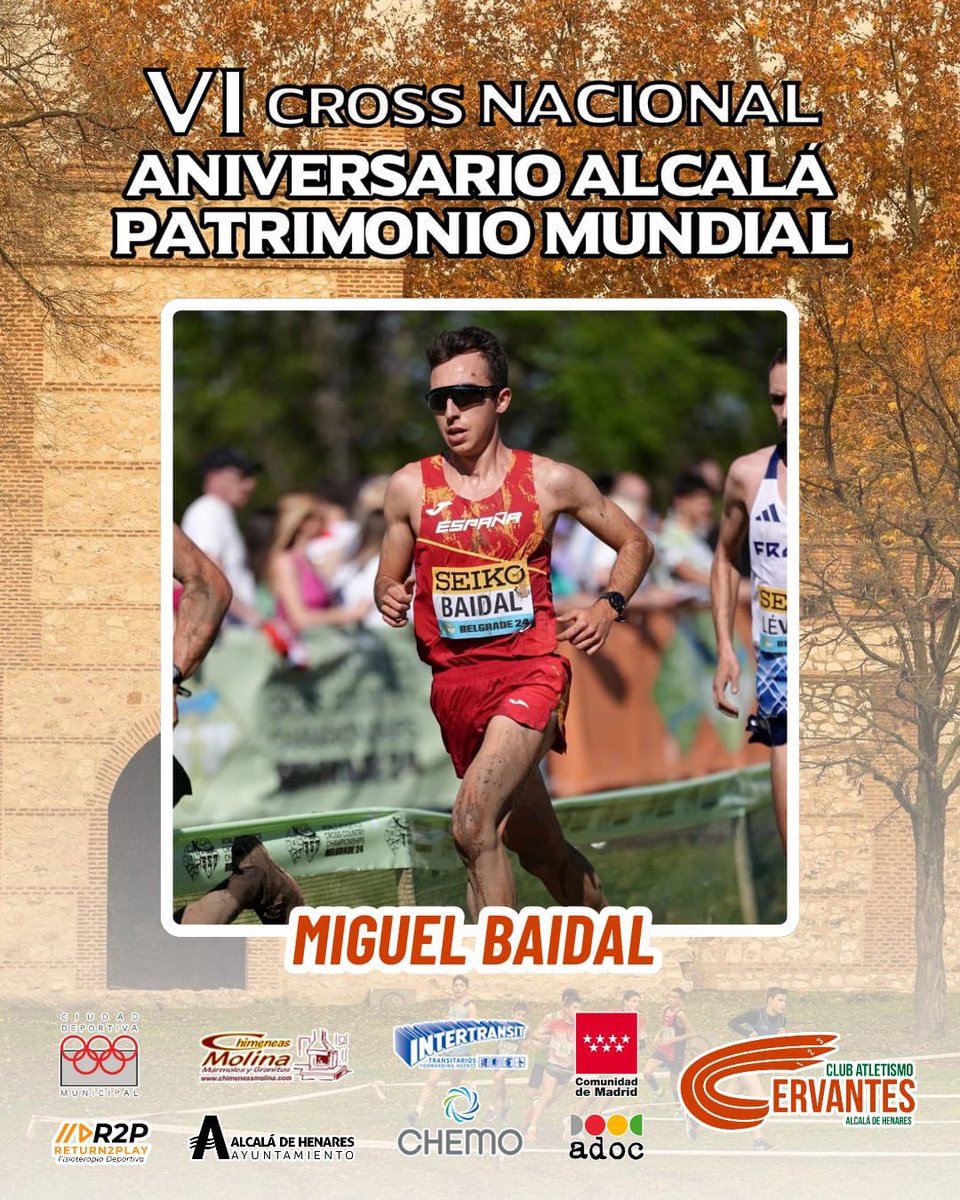 Miguel Baidal correrá en <a href="/AlcalaCross/">©️ross Nacional 🅰️lcalá de Henares</a> 
Especialista en fondo y campo a través. Actual campeón 🇪🇸 10k en ruta, 🥉10000ml Cto. 🇪🇺 Atletismo Sub-23 2023, 4º Mundial Cross Belgrado 2024.
<a href="/AytoAlcalaH/">Ayuntamiento de Alcalá de Henares</a> <a href="/Alcala_Deporte/">Alcalá es Deporte</a> <a href="/asociacionADOC/">ADOC</a> <a href="/atletismoRFEA/">atletismoRFEA</a> #cross #deporte #VIcrossnacional