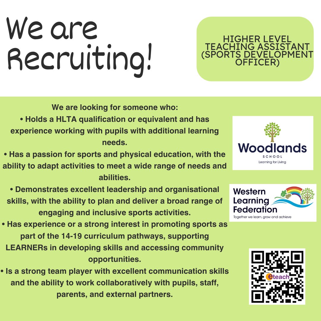 WoodlandsHS's tweet photo. We are looking for Higher Level Teaching Assistants for various roles within our school. For more information please visit Eteach https://t.co/IBZuwMeoXx https://t.co/xJ2mZZvGfl