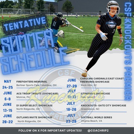 CSF KNOCKOUTS PREMIER (@coachrip2) on Twitter photo Here is our tentative 2025 Summer Schedule…..<a href="/OhioChr_SB/">Ohio Christian University Softball</a> <a href="/OaklandSoftball/">Oakland Softball</a> <a href="/IndianaSB/">Indiana Softball</a> <a href="/RandolphSB/">Randolph College Softball</a> <a href="/UNCSoftball/">Carolina Softball</a> <a href="/UNCWsoftball/">UNCW Softball</a> <a href="/HCSBCHARGERS/">Hillsdale College Softball</a> <a href="/GuilfordSB/">Guilford College Softball</a> <a href="/Towson_SB/">Towson Softball</a> <a href="/FrostburgSB/">Frostburg Softball 🔴⚫🥎</a> <a href="/Pitt_SB/">Pitt Softball</a> @catamountsb <a href="/EKU_Softball/">EKU Softball</a> <a href="/ONUSoftball/">ONU Softball</a> <a href="/OhioStateSB/">Ohio State Softball</a> <a href="/GoMocsSB/">Chattanooga Softball</a> Here is our tentative 2025 Summer Schedule…..<a href="/OhioChr_SB/">Ohio Christian University Softball</a> <a href="/OaklandSoftball/">Oakland Softball</a> <a href="/IndianaSB/">Indiana Softball</a> <a href="/RandolphSB/">Randolph College Softball</a> <a href="/UNCSoftball/">Carolina Softball</a> <a href="/UNCWsoftball/">UNCW Softball</a> <a href="/HCSBCHARGERS/">Hillsdale College Softball</a> <a href="/GuilfordSB/">Guilford College Softball</a> <a href="/Towson_SB/">Towson Softball</a> <a href="/FrostburgSB/">Frostburg Softball 🔴⚫🥎</a> <a href="/Pitt_SB/">Pitt Softball</a> @catamountsb <a href="/EKU_Softball/">EKU Softball</a> <a href="/ONUSoftball/">ONU Softball</a> <a href="/OhioStateSB/">Ohio State Softball</a> <a href="/GoMocsSB/">Chattanooga Softball</a>