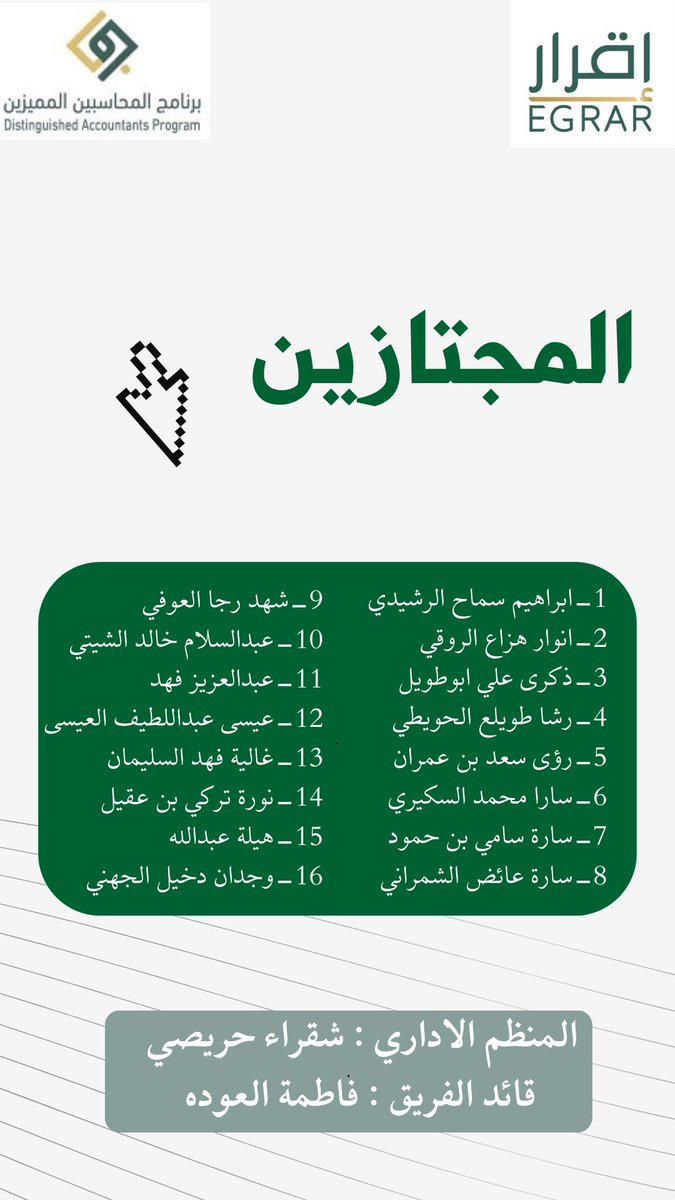 الحمد لله الذي يُتمّ بنعمته الأعمال ويُكلّل بالنجاح الجهود ويُيسّر السعي بالتوفيق

ختام الدفعة الثامنة “السفراء”مبارك عليكم هذا الإنجاز الذي يعكس مثابرتكم وحبكم للعلم

نسأل الله أن يجعل هذا بداية لنجاحات أكبر في حياتكم العملية،وأن تصلوا إلى أعلى المراتب بإذن الله

#دفعة_السفراء