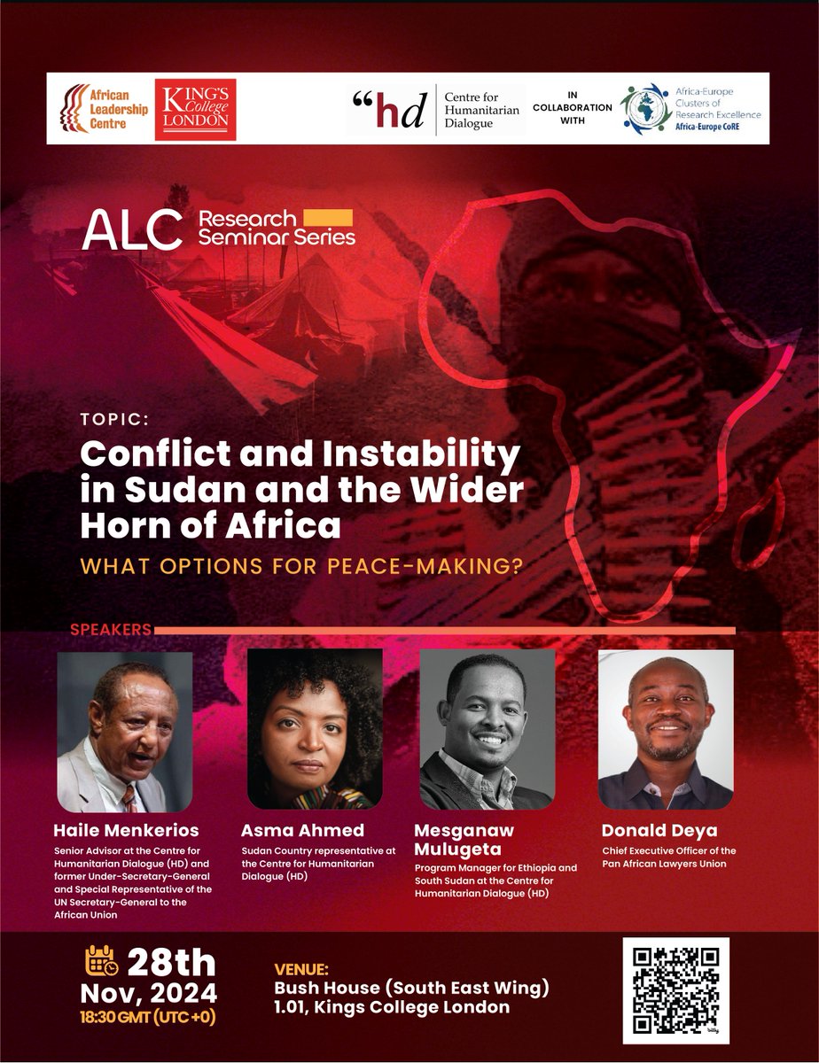 ALC_KCL's tweet photo. Get ready for an enlightening discussion with our speakers at the ALC Research seminar titled “Conflict and Instability in Sudan and the Wider Horn of Africa: What Are the Options for Peace-making?" 

@hdcentre 

Register👉 https://t.co/uETON2VjWA

#SudanCrisis #PeaceMaking https://t.co/oXYnCVbEIw