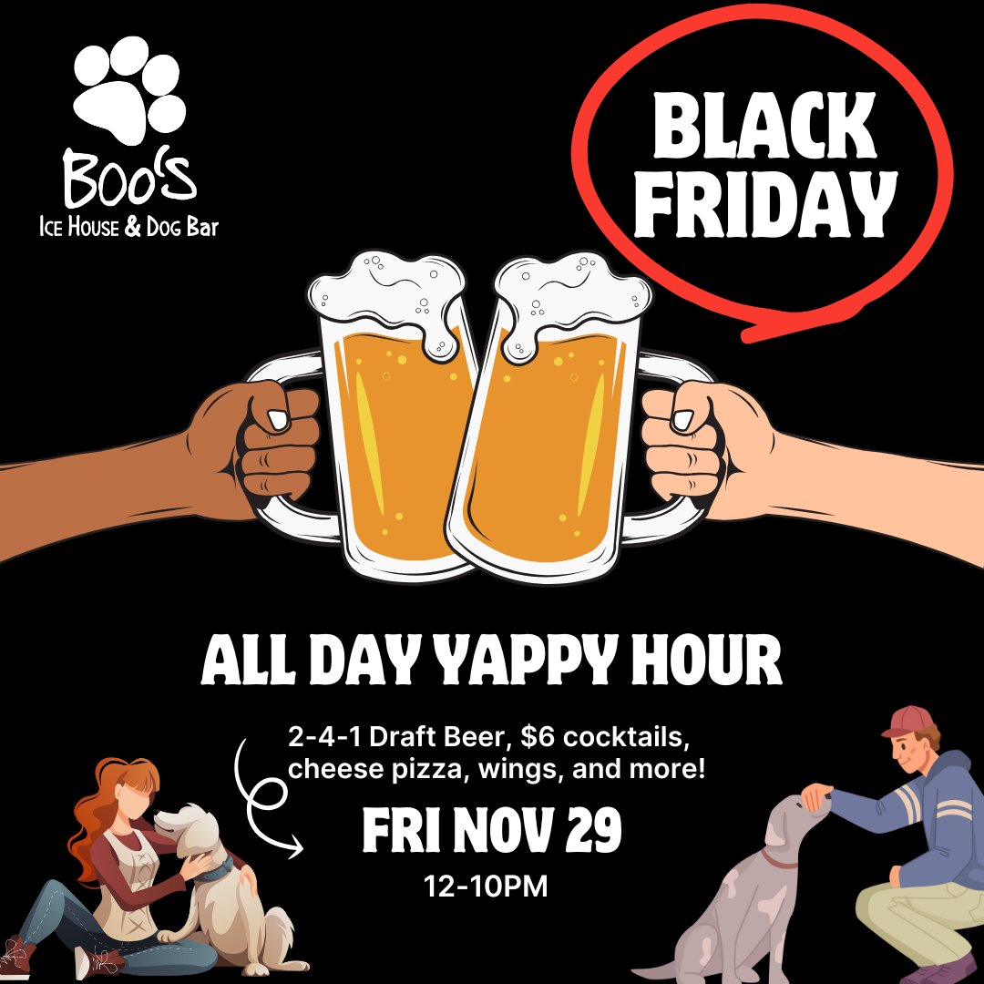 BoosIcehouse's tweet photo. Don't miss these 🔥🔥🔥 DEALS!!
🍕 Wed 11/27: 50% off pizza ALL DAY, dine in or take out!
🍻 Black Friday 11/29: ALL DAY Yappy Hour! 

#boosdogbar
#dogbar #blackoutwednesday #blackfriday #sarasota #sarasotaeats https://t.co/rHyZYxaQkW