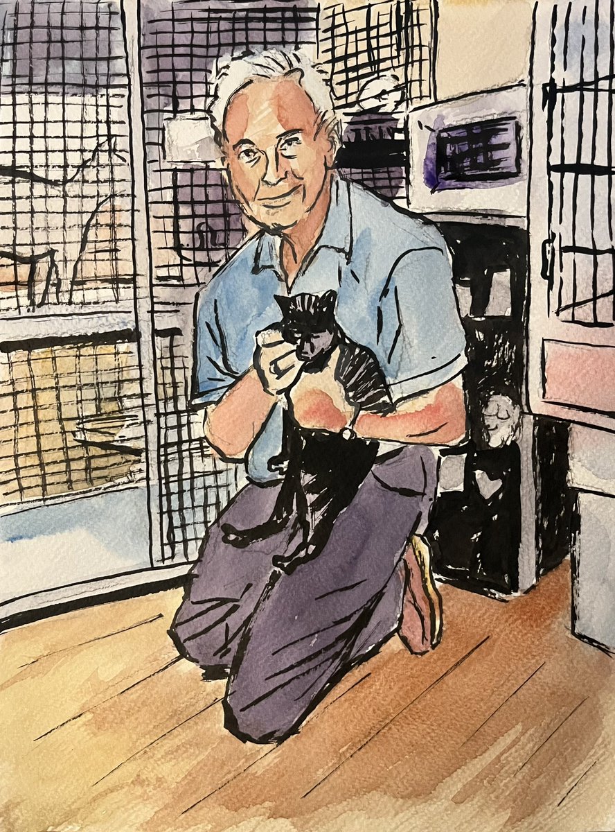 PeterLandau's tweet photo. Harold W. Sims Jr., Whose Museum Honored the House Cat #obitpix #haroldwsimsjr #americammuseumofthehousecat #cats #nokillanimalshelter #catman2 #artofinstagram #brushdrawing #watercolor #illustration #portraitdrawing https://t.co/PbwzAbplho