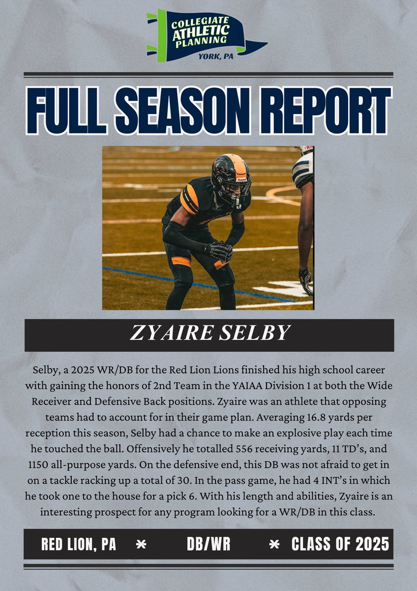 Check out 
CAP Athlete <a href="/zyaire_selby/">Zyaire selby</a> 
2nd Team WR/DB in the YAIAA Division 1
Class of 2025 
WR/DB
#OneGoal 

<a href="/AFL_YorkPA/">AFL York PA</a> <a href="/RussellStoner24/">Russell Stoner</a> @coachCPowell2 <a href="/CoachMattGrz/">Matthew Grzechowiak</a>