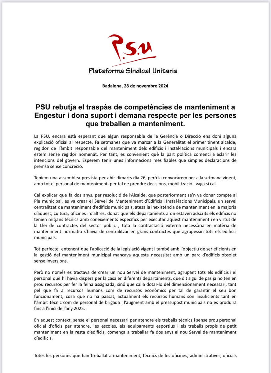 BadalonaPsu's tweet photo. 🗣️PSU rebutja el traspàs de competències de manteniment a
Engestur i dona suport i demana respecte per les persones que treballen a manteniment.🫵🫵 https://t.co/44AnhC7olL
