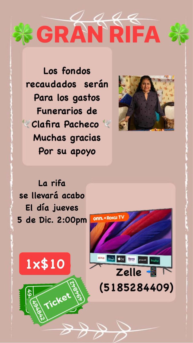 Esta es una Rifa que se está organizando para poder Repatriar el cuerpo de la señora clafira pacheco originaria de Xalpatlahuac Guerrero, Quien perdió la batalla contra el cáncer!! En Connecticut USA

Ayuda via Zelle y Rifa 
# 518 528 4409 Araceli Galvez 

Ayuda a compartir 🙏