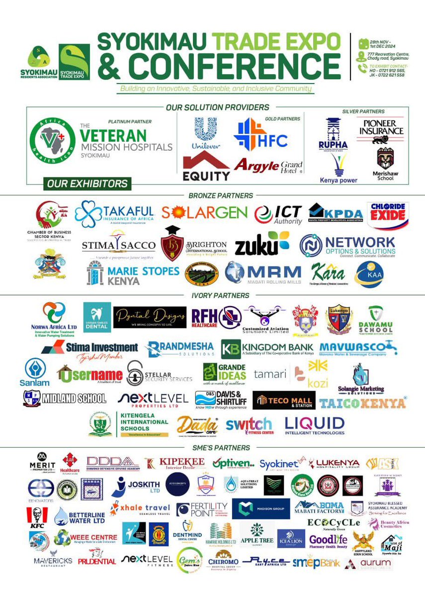 Congratulations and appreciation to all current exhibitors who have already secured their spaces for the Syokimau Trade Expo. 
Thank you for being an integral part of this exceptional opportunity!
#SyokimauExpo2024
