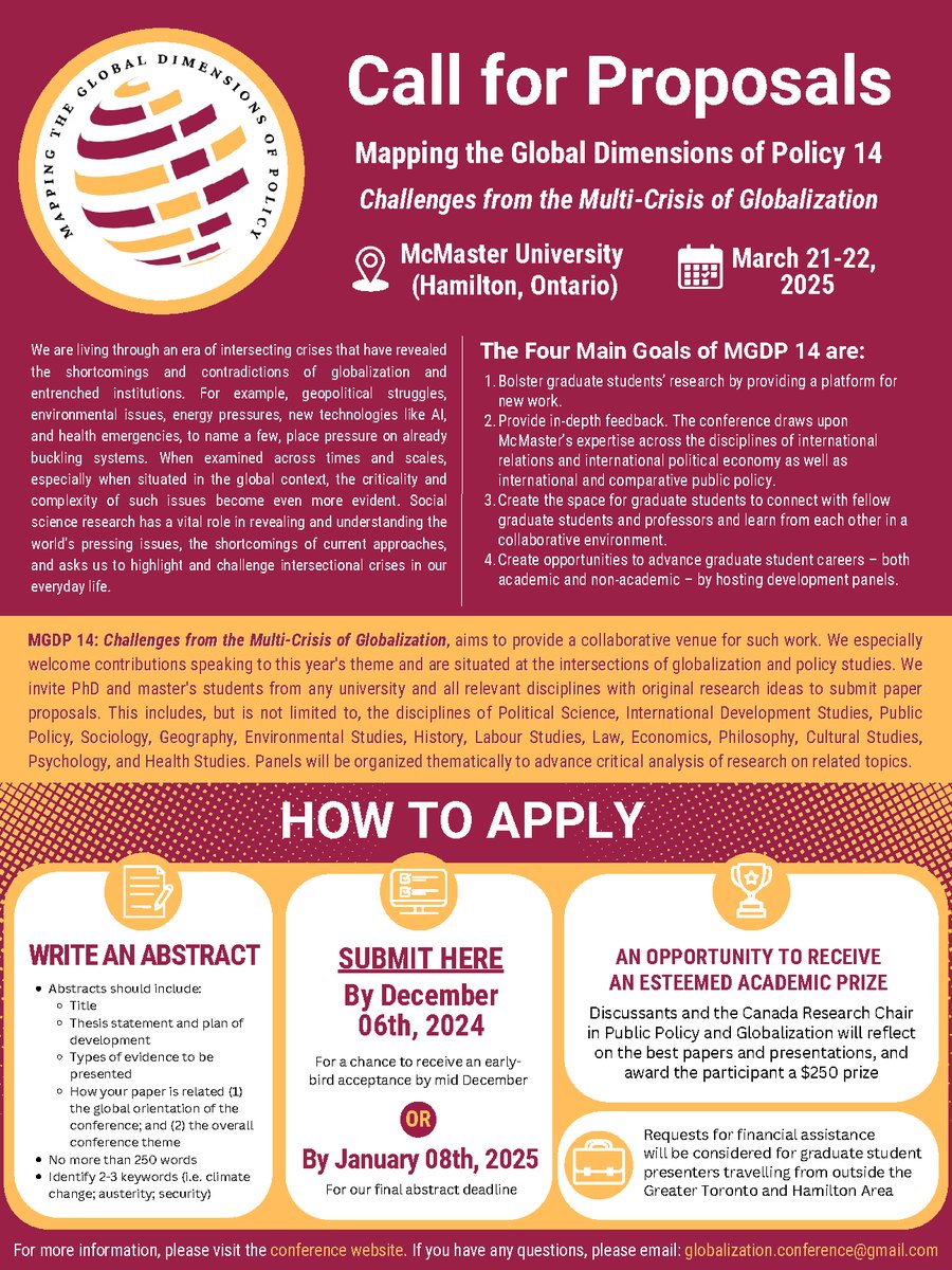 Mac_MappingGDP's tweet photo. The Mapping the Global Dimensions of Policy conference is now accepting proposal submissions for the 2025 conference! PhD and MA students are encouraged to submit proposals.  For any questions, please feel free to reach our email: globalization.conference@gmail.com 🌐 https://t.co/hdAk3FcGo5