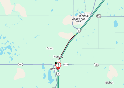 511Alberta's tweet photo. Reminder: SB QEII at 17 Ave in Bowden - CLOSED due to overturned semi. Use Hwy2A as an alternate route. Expect major delays. (11:01am) #ABRoads https://t.co/jWB1GOyxvb