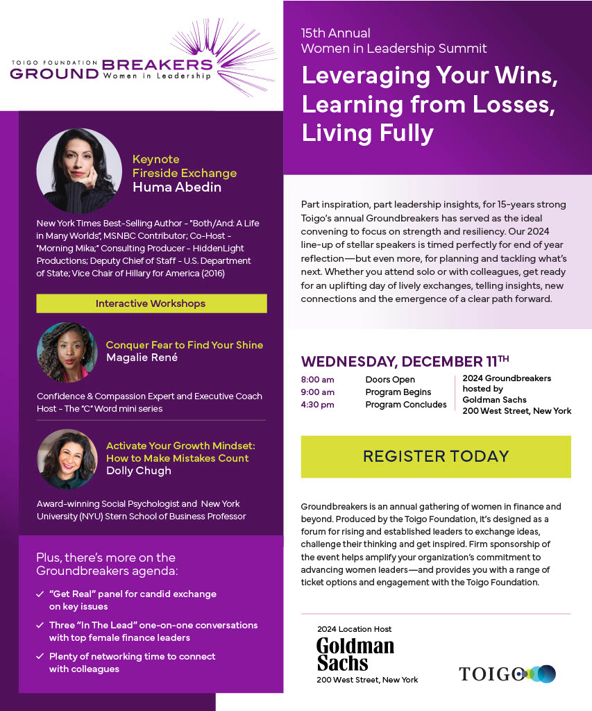 TWO WEEKS — Don't miss our 15th annual Groundbreakers Women in Leadership Summit. December 11. NYC. Learn more and register ASAP: toigogroundbreakers.org/2024-groundbre…