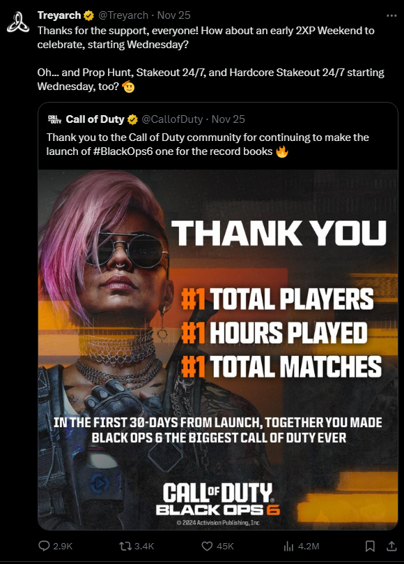 ReapersAsylum's tweet photo. @Treyarch wheres the 2xp? lol u said below Wednesday now its thanksgiving https://t.co/cVicJei9od