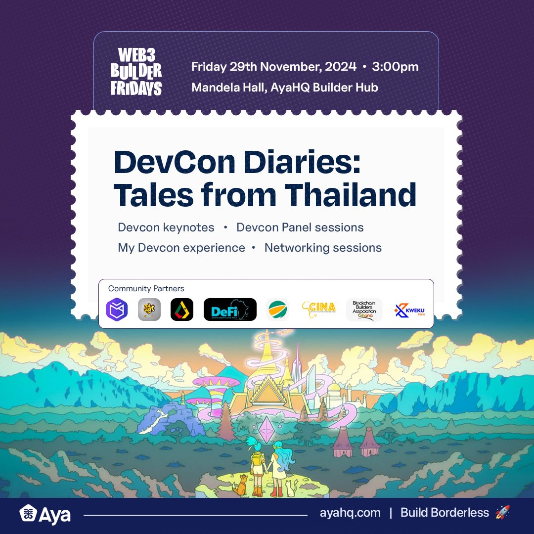 Missed #Devcon2024 ?

We’re bringing <a href="/EFDevcon/">Devconnect ARG - the first Ethereum World’s Fair</a> right to you in Ghana. Join us grow the infinite garden by being part of this weeks’ #Web3BuilderFridays at the #NoBSZone.

It’s a collaborative event by all Ghanaian web3 communities, curated by <a href="/ayahq_/">AyaHQ (Techstars '23)</a> 

👉🏽: lu.ma/buezdwjo