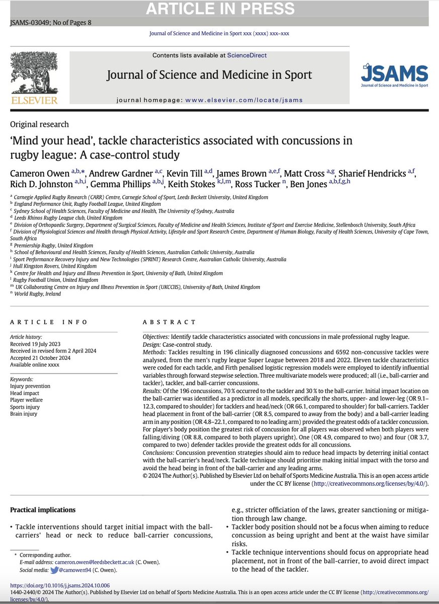 Sharief Hendricks 🇿🇦 (@sharief_h) on Twitter photo New Paper: ‘Mind your head’, tackle characteristics associated with concussions in rugby league: A case-control study in <a href="/_JSAMS/">JSAMS</a> by <a href="/camowen94/">Cameron Owen</a> <a href="/23Benjones/">Prof Ben Jones</a> sciencedirect.com/science/articl… 🏉🔬 New Paper: ‘Mind your head’, tackle characteristics associated with concussions in rugby league: A case-control study in <a href="/_JSAMS/">JSAMS</a> by <a href="/camowen94/">Cameron Owen</a> <a href="/23Benjones/">Prof Ben Jones</a> sciencedirect.com/science/articl… 🏉🔬