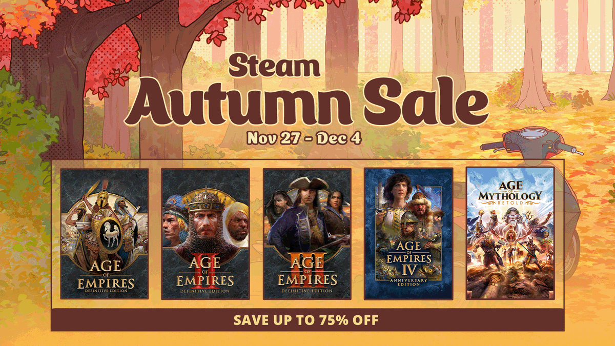 AgeOfEmpires's tweet photo. Ready to 🍂 fall 🍂 into a cornucopia of savings? Pick up #AgeofEmpires and #AgeofMythologyRetold during the #SteamAutumnSale! 

🛍️ https://t.co/UFqTa83cup https://t.co/38YydidAGs