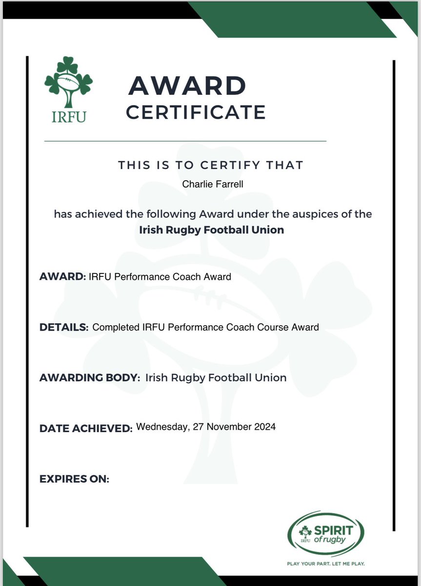 Charlie Farrell (@charlie_farrell) on Twitter photo Delighted to complete my accreditation process for the <a href="/IrishRugby/">Irish Rugby</a> Performance Coaching Badge this week. (World Rugby L3)
A very worthwhile step in my own learning as a coach & will hopefully add to my ability to develop players and other coaches.
#RugbyUnion #CPD #Coaching Delighted to complete my accreditation process for the <a href="/IrishRugby/">Irish Rugby</a> Performance Coaching Badge this week. (World Rugby L3)
A very worthwhile step in my own learning as a coach & will hopefully add to my ability to develop players and other coaches.
#RugbyUnion #CPD #Coaching